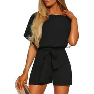 Vetinee Romper Womens Medium Black Key Hole Back Short Sleeve Jumpsuit
